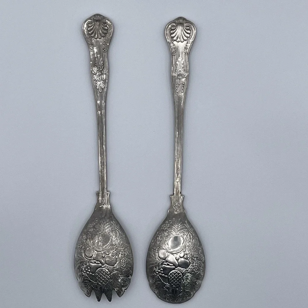 Silverplate Salad Serving Set Vintage English Fruit Repousse 2 Pc Fork and Spoon